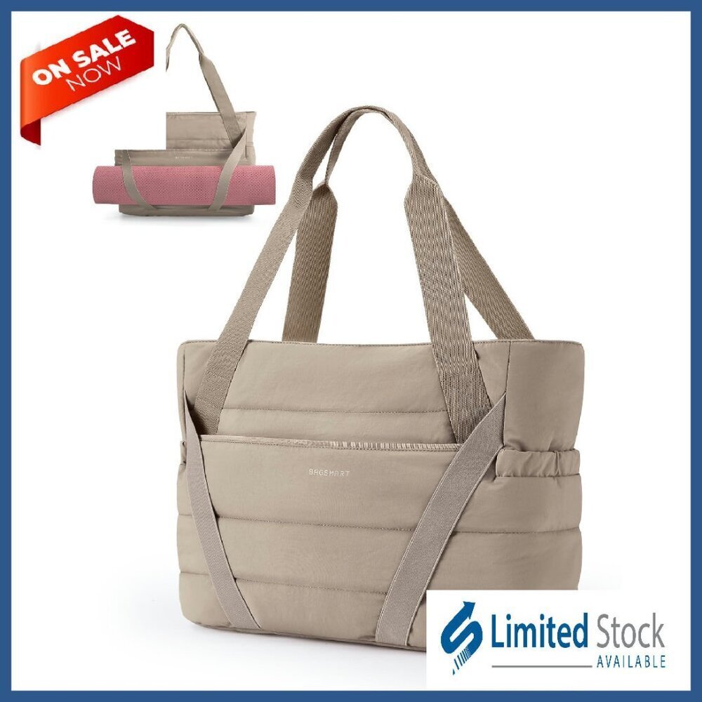 Quilted Tote Bag with Yoga Mat Straps, Laptop Compartment, 7 Pockets